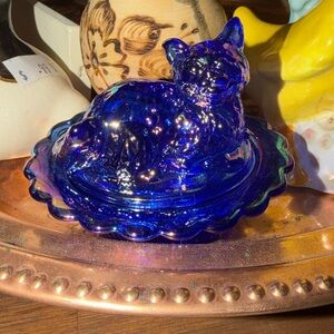 Blue Iridescent Glass Cat Butter Dish - cat on nest blue carnival salt cellar